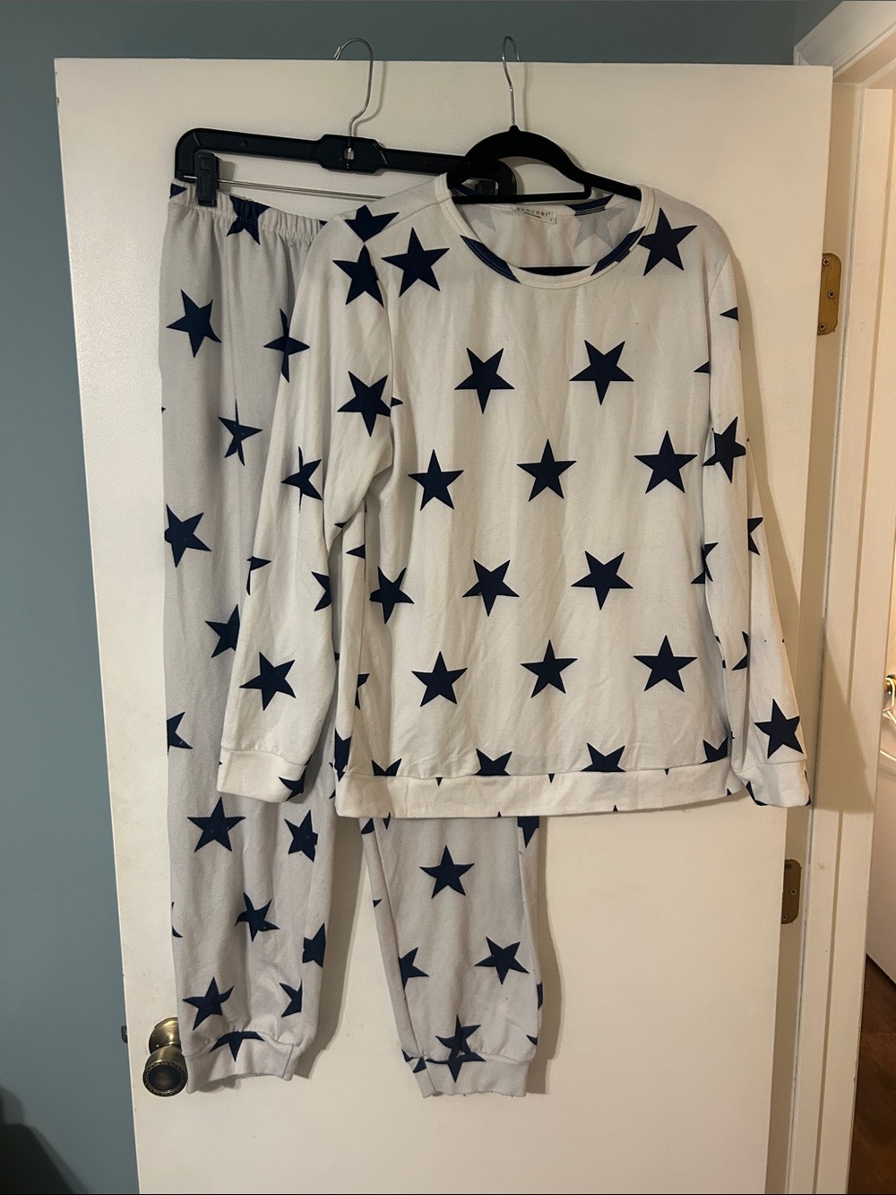 Amazon Women’s Comfy White 2 piece Pajama Set with Navy Stars